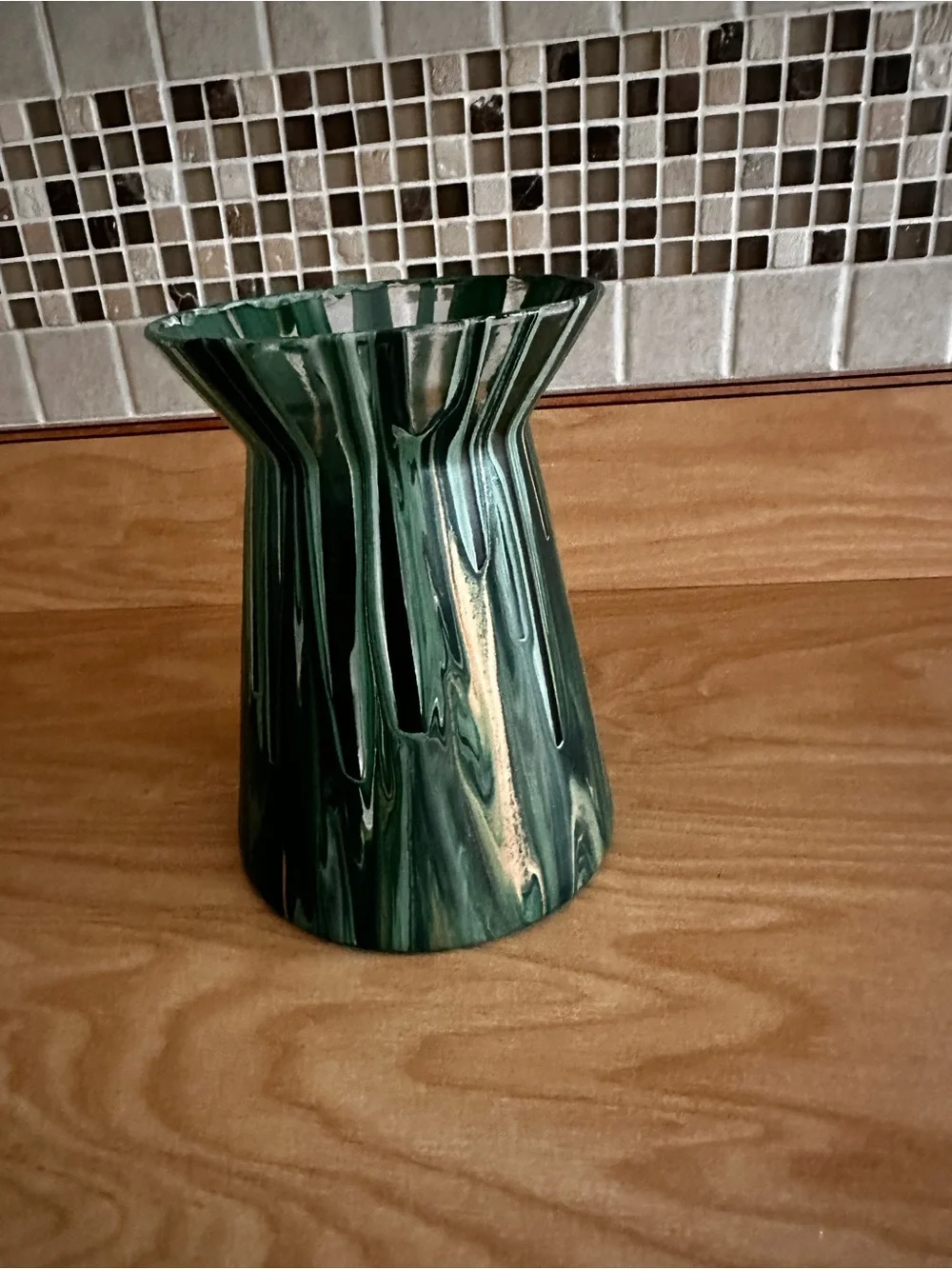 Hand made artisan glass  painted green flower vase